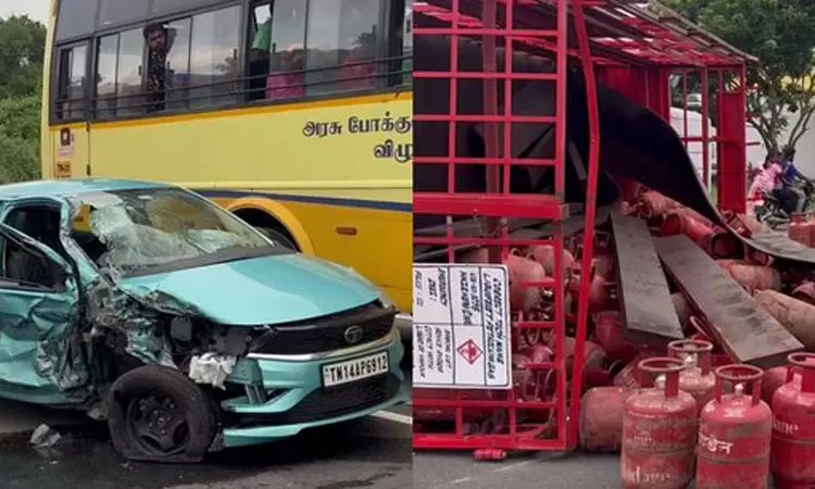 விபத்து: சாலையில் சிதறிய சிலிண்டர்கள் விபத்து: சாலையில் சிதறிய சிலிண்டர்கள்