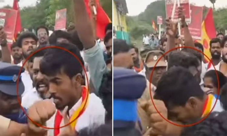 தருமபுரியில் ஆர்ப்பாட்டத்தின்போது காவலரின் கையை கடித்த தவெக தொண்டர்