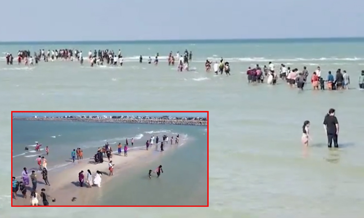 தனுஷ்கோடி கடலுக்கு நடுவில் புதிய மணல் திட்டு: ஆபத்தை உணராமல் செல்லும் சுற்றுலா பயணிகள்.!