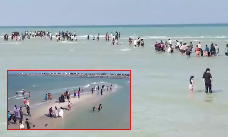 தனுஷ்கோடி கடலுக்கு நடுவில் புதிய மணல் திட்டு: ஆபத்தை உணராமல் செல்லும் சுற்றுலா பயணிகள்.! தனுஷ்கோடி கடலுக்கு நடுவில் புதிய மணல் திட்டு: ஆபத்தை உணராமல் செல்லும் சுற்றுலா பயணிகள்.!