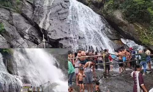 கவியருவியில் வெள்ளப்பெருக்கு; சுற்றுலா பயணிகள் குளிக்க தடை