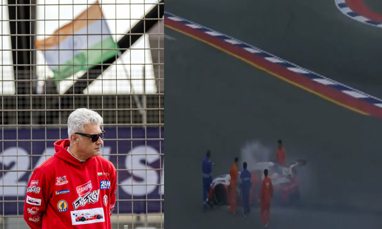 ரேஸிங்கில் தீப்பிடித்து நின்ற “அஜித்குமார் ரேஸிங்” அணி கார்