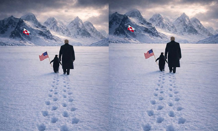 பென்குயின் உடன் கிரீன்லாந்து நோக்கி நடந்து சென்ற டிரம்ப்; வைரலான புகைப்படம்
